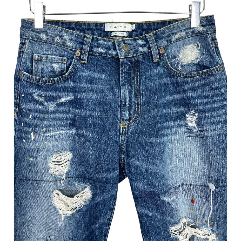 MM Vintage Distressed Embroidered Boyfriend Jeans 26 Splatter Paint Boho Grunge - Picture 4 of 6